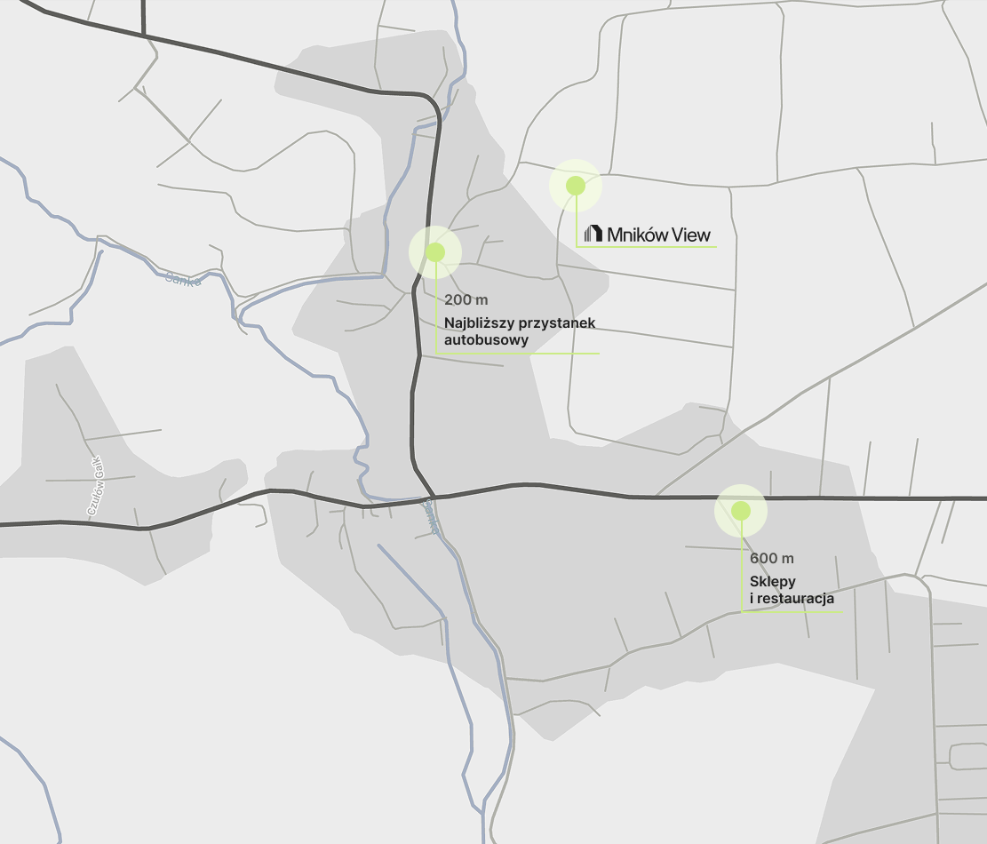 Mapa lokalizacji Mników View, przystanku autobusowego oraz pobliskich sklepów i restauracji